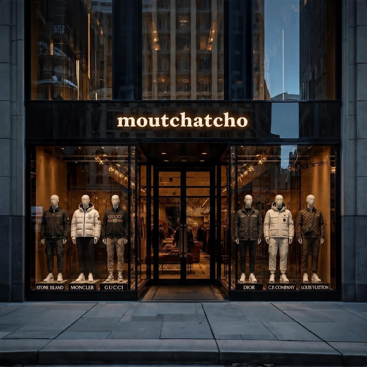Moutchatcho : Stone Island, Gucci, Moncler, Balenciaga, Dior, Louis Vuitton, Prada et C.P. Company sur fond de marbre noir et or