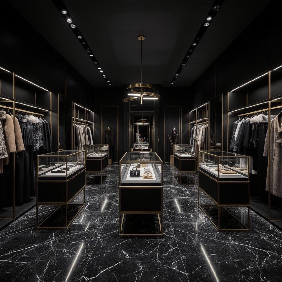 Intérieur de boutique en marbre noir, vitrines encadrées de laiton doré et portants de vêtements